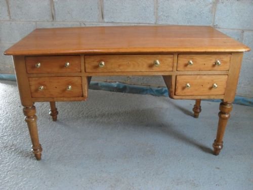 Victorian Pine Writing Desk/dressing Table with 5 Brass Knob Drawers on Turned Legs