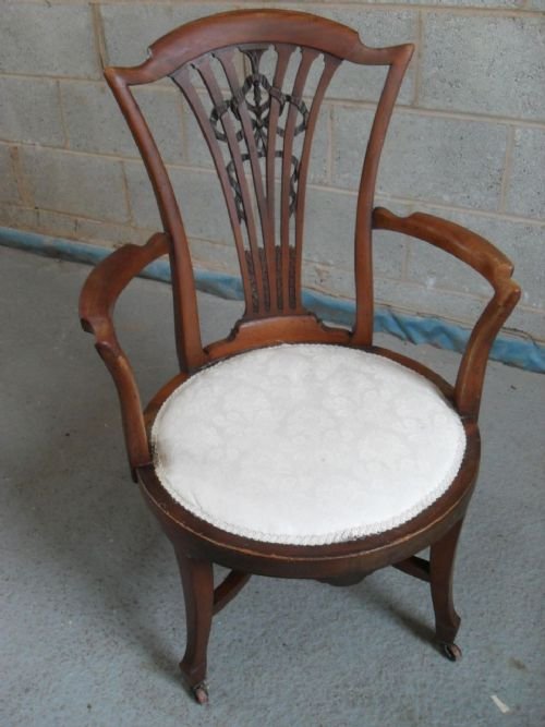 Edwardian Mahogany Splat Back Desk Armchair with Circular Upholstered Seat