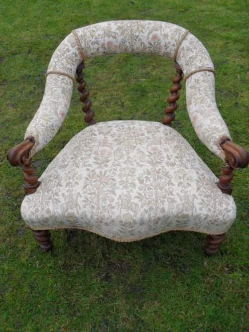 Unusual Victorian Oak Show Wood Barley Twist Upholstered Tub Armchair