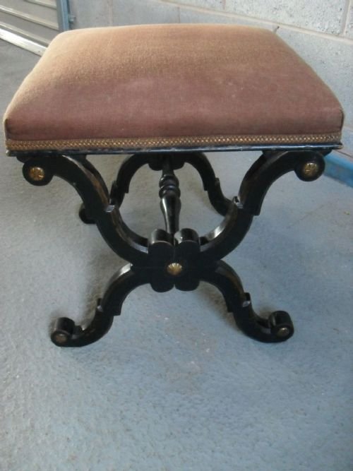 Victorian Scroll Carved Cross Framed Ebonised Mahogany Dressing Stool
