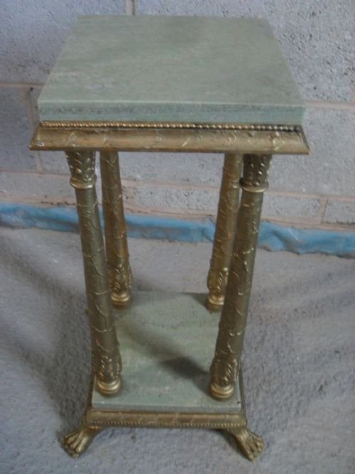 Green Marble Top and Gilt Wood Four Column Jardiniere Stand with Marble Base on Four Pan Feet