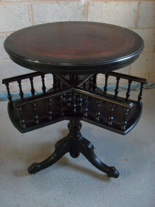 Unusual Victorian Ebonised and Gilt Mahogany and Leather Top Circular Table Revolving Bookcase