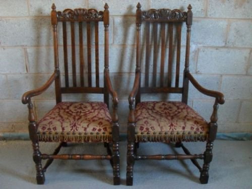 Lovely Pair of 17th Century Style Carved Oak Carver Armchairs