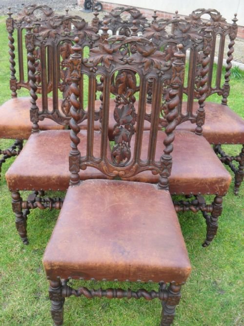 Set of Six Victorian Carved Oak and Leather Seated Dining Chairs
