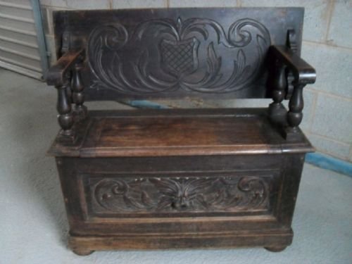 Victorian Carved Oak Monk's Bench Settle with Green Man Carved Front Panel and Carving to Top Both Sides