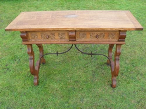 Victorian Carved Golden Oak Console Side Table with 2 Frieze Drawers