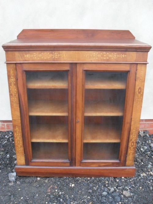 Victorian Walnut and Inlaid Glazed 2 Door Adjustable Bookcase Cabinet
