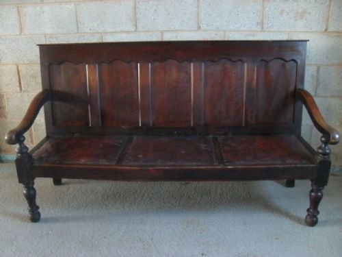 Georgian Oak Panelled Back and Leather Studded Settle