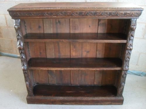 Superb Victorian Carved Oak Adjustable 3 Shelf Open Bookcase