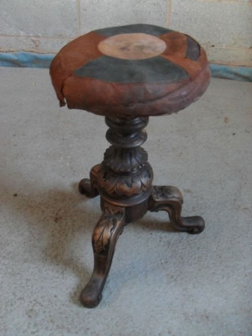 19th Century Carved Walnut Swivel Piano Stool on Tripod Legs