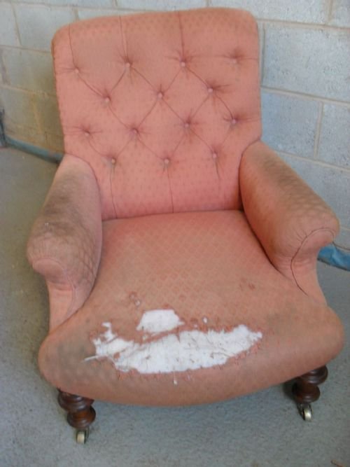 Victorian Button and Scroll Back Upholstered Armchair on Oak Frame
