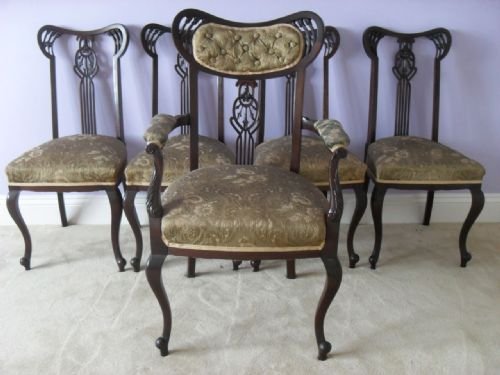 Set of 5 Victorian Mahogany Art Nouveau Parlour Dining Chairs