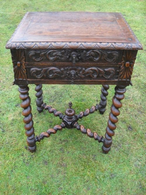 Lovely Victorian Carved Oak and Barley Twist 2 Drawer Side Table