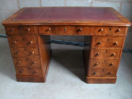 Victorian Burr Walnut 3 Part Centre Pedestal Desk