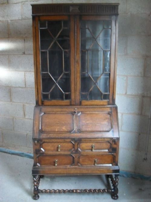 Panelled Oak 2 Piece Glazed Door Bureau Bookcase Set on Barley Twist Supports and Stretchers