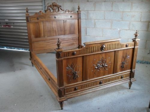 Ornate Carved French Walnut Double Bed Set on Castors