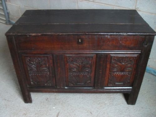 Nicely Proportioned 18th Century 3 Panel Carved Oak Coffer on Style Supports