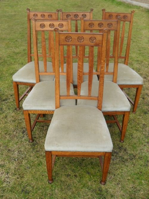 Superb Set of 7 Light Oak Arts & Crafts Dining Chairs