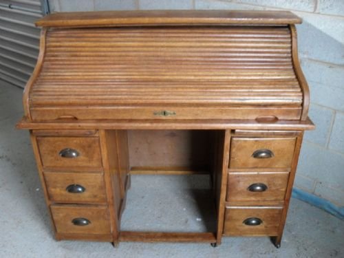 Edwardian Light Oak Roll Top Pedestal Desk