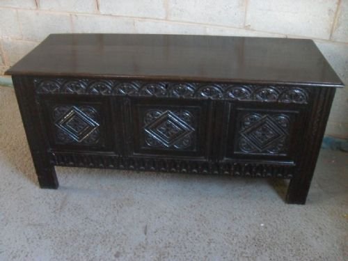 18th Century Carved Oak 3 Panelled Coffer
