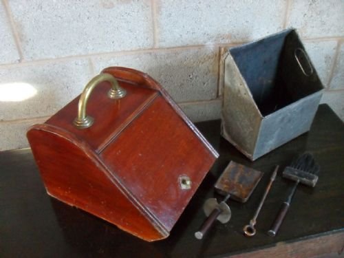 Victorian Mahogany and Brass Coal Box Purdonium with Tools
