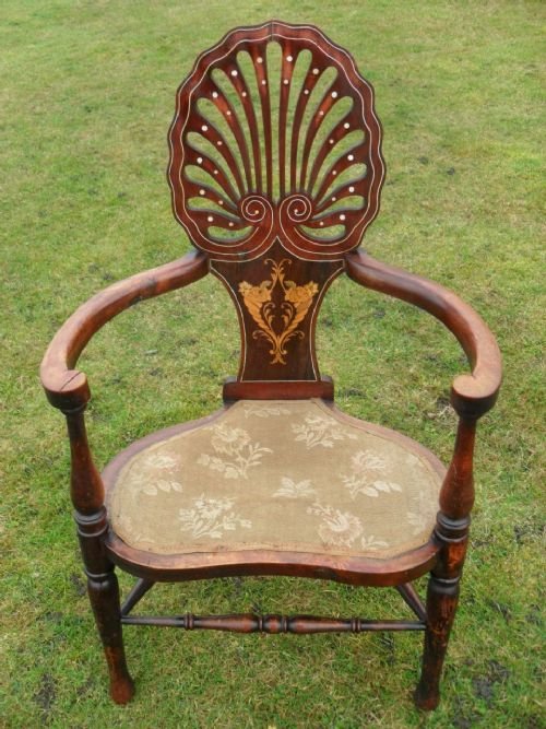 Lovely Shaped Victorian Mahogany Beech and Inlaid Art Nouveau Open Armchair