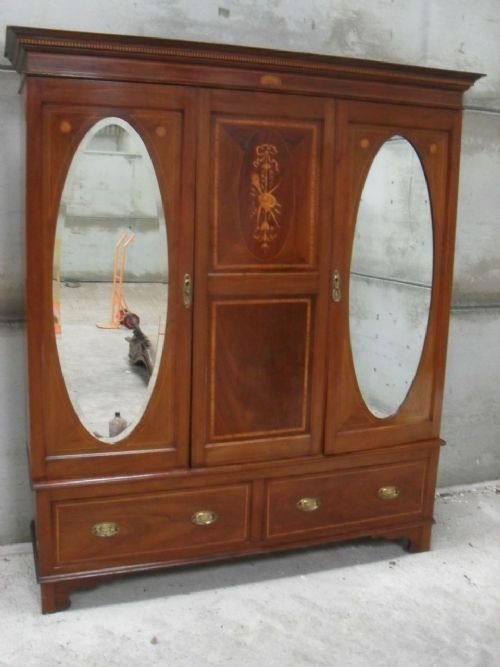 Edwardian Mahogany Inlaid Double Oval Mirror Door Wardrobe