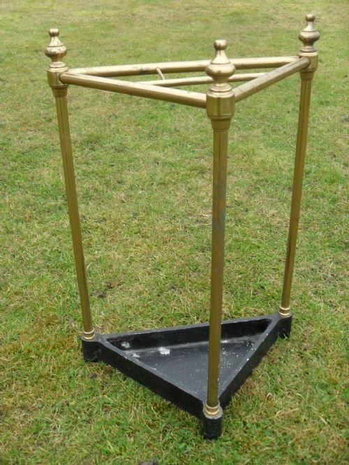 Brass Corner Stick/umbrella Stand with Iron Drip Tray and Coronets to Top