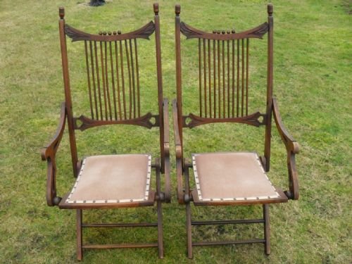 Pair of Arts and Crafts Beech Wood Folding Steamer Armchairs