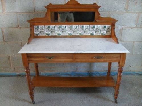 Victorian Satin Walnut Marble Top Tile and Mirror Back Washstand