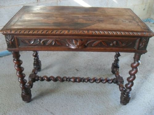 Victorian Carved Oak and Barley Twist Library Table Desk