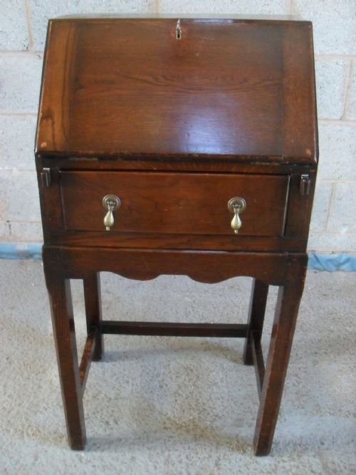 Small Solid Oak Fall Front Bureau Desk with Drawer