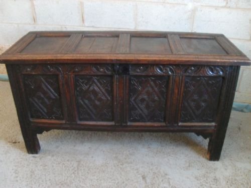 Late 17th / 18th Century 4 Carved Panelled Oak Coffer