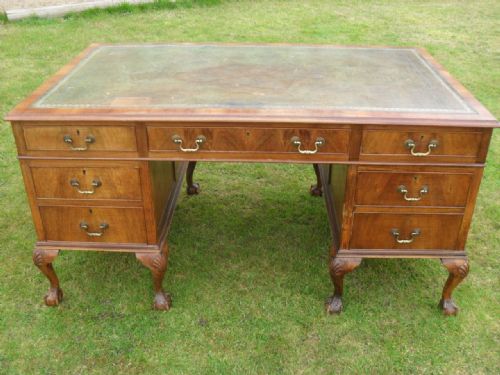 Lovely Walnut Tooled Leather Top Pedestal Desk