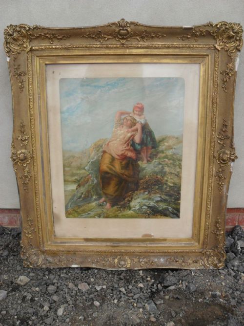 19th Century Ornate Gilt Picture Frame and Print of Mother and Daughter