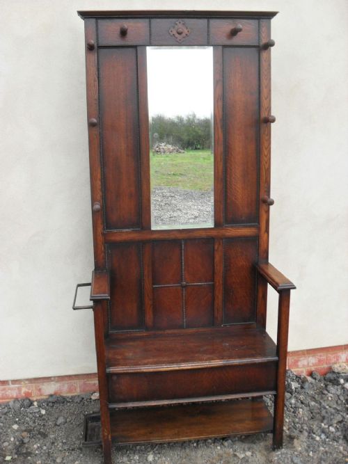 Panelled Oak Bevel Mirror Hall Coat Stick Hat Stand / Settle