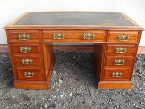 Quality Victorian Edwardian Walnut Brass Handled Pedestal Desk