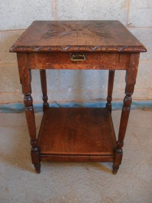 Victorian Carved Oak Occasional Square Lamp Table with Drawer