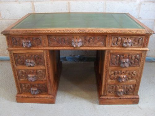Victorian Carved Light Oak Twin Pedestal Green Man Desk