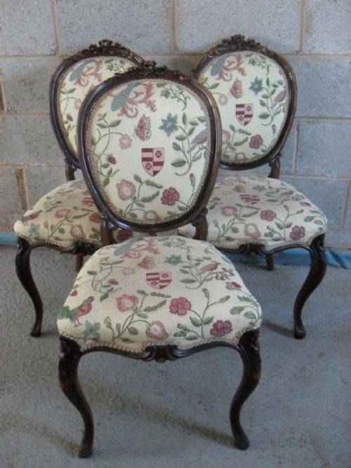 19th Cent Set of 3 French Walnut Carved Upholstered Balloon Back Dining Chairs