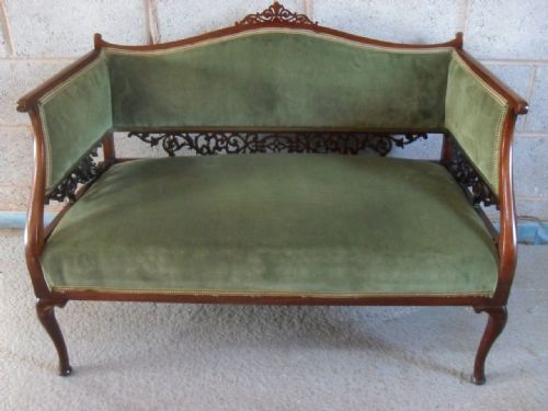19th Century Mahogany Show Wood Fretwork Upholstered 2 Seater Settee