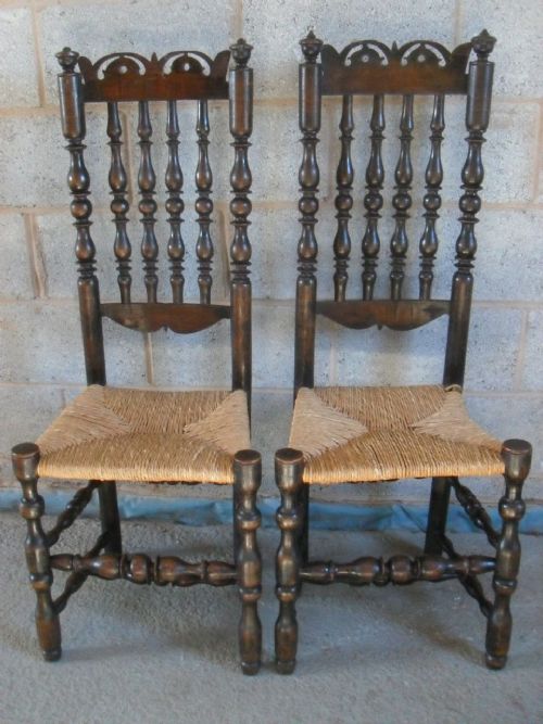 Pair of High Back Ash Turned Spindle Back Side Dining Chairs