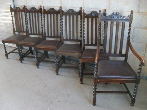 Set of 6 Oak Barley Twist and Slat Back Dining Chairs
