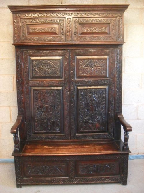 19th Century Carved Oak Box Storage Seat Cupboard Back 'Bacon Settle'