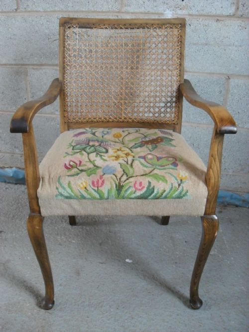 Oak and Woolwork Upholstered Bergere Backed Open Armchair