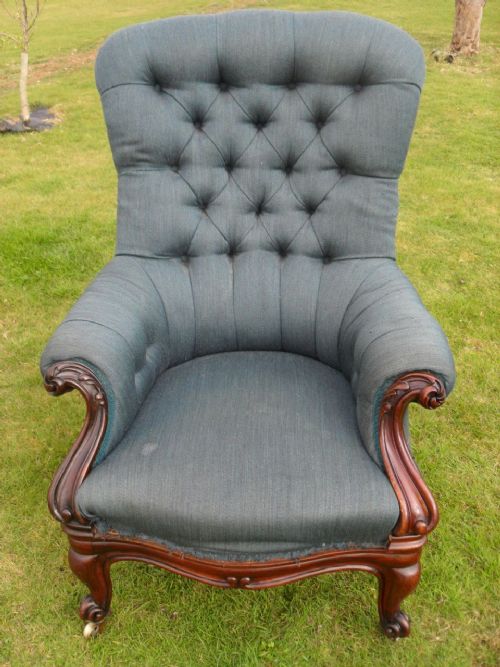 Superb Victorian Walnut Button Upholstered Scroll Armchair