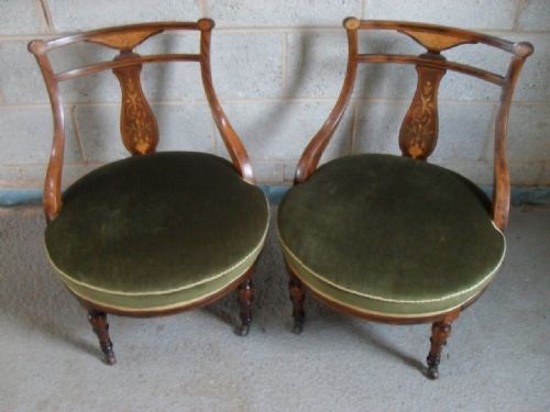Beautiful Pair of Edwardian Boxwood Inlaid Rosewood Circular Tub Nursing Chairs