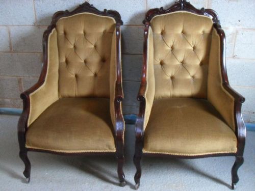 Pair of Victorian Show Wood Mahogany Button Upholstered Armchairs