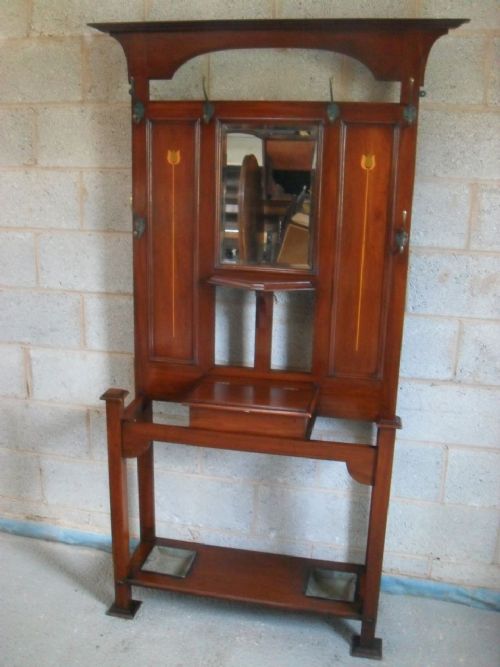 Edwardian Mahogany Tulip Inlaid Mirror Back Hall Coat Hat Stick Stand
