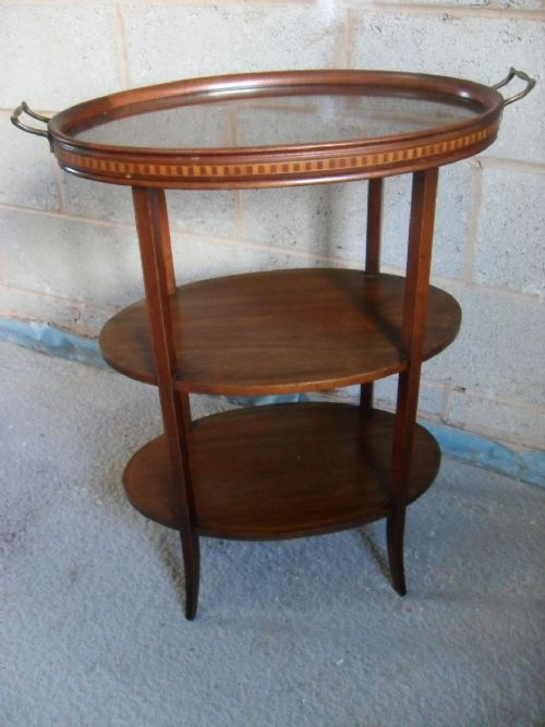 Superb Edwardian Inlaid Mahogany Glazed Tray Top 3 Tier Wot Not Table